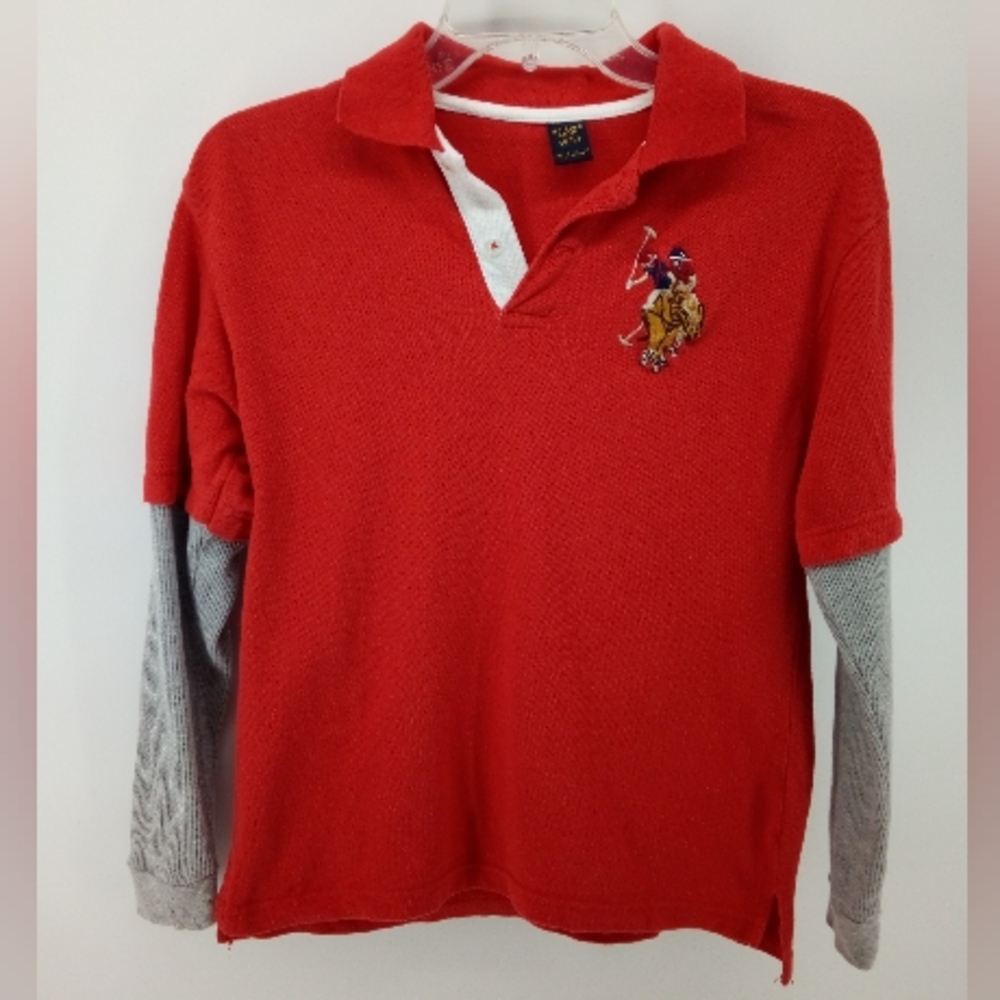 U.S. Polo Assn. 100% Cotton Red Big Pony Polo Gray Thermal Top 10/12 Boys